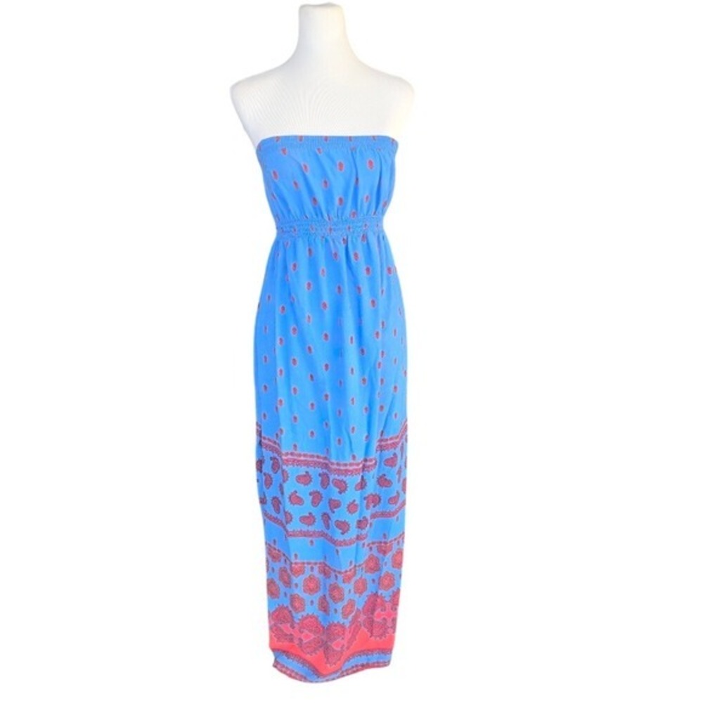 Old Navy Maternity Blue Red‎ Paisley Strapless Smocked Maxi Dress Small Petite